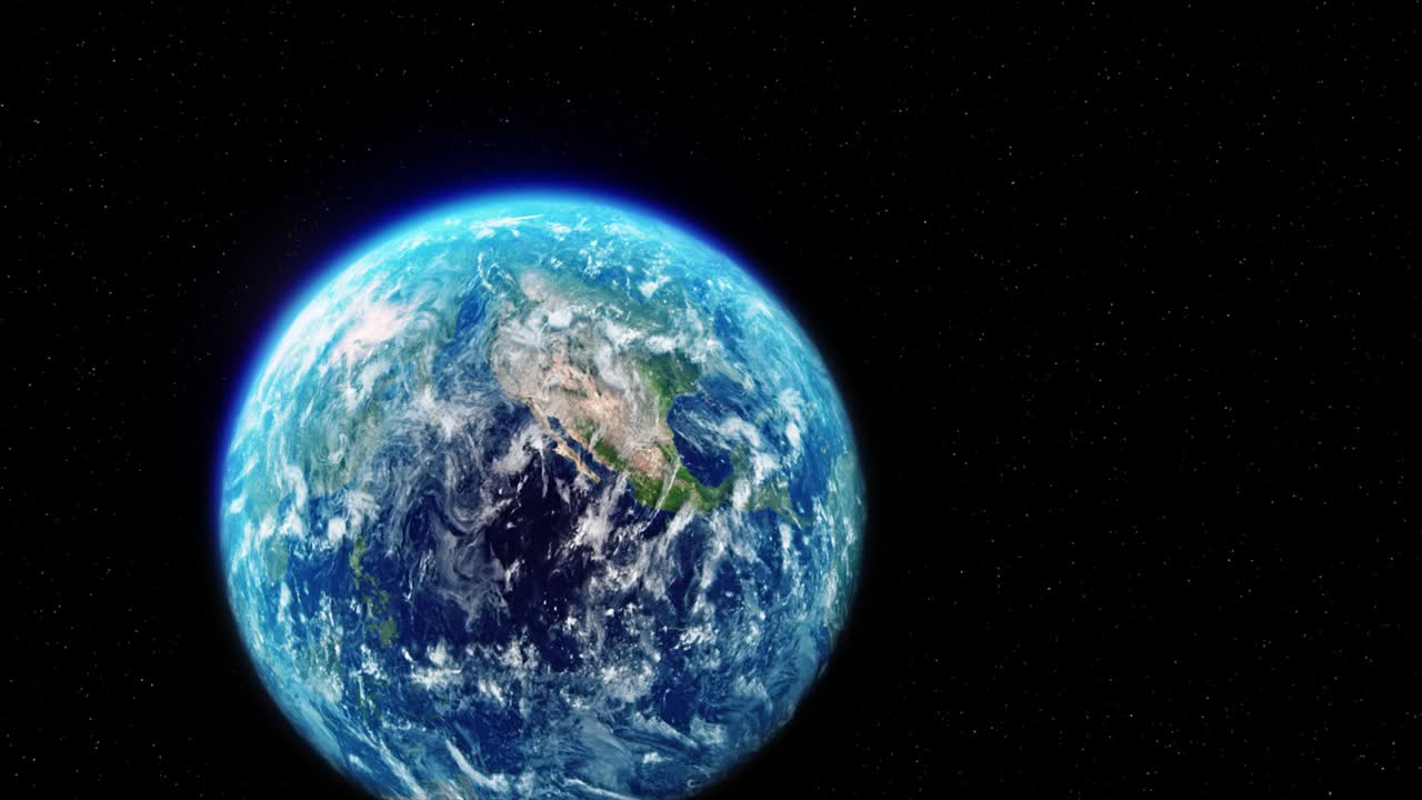 구름, 지구가 천천히 회전하고, 우주에서 별들이 반인다.