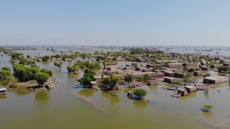 aerial panoramic view of rural buildings submerged in flood water in mehar, sindh, pakistan