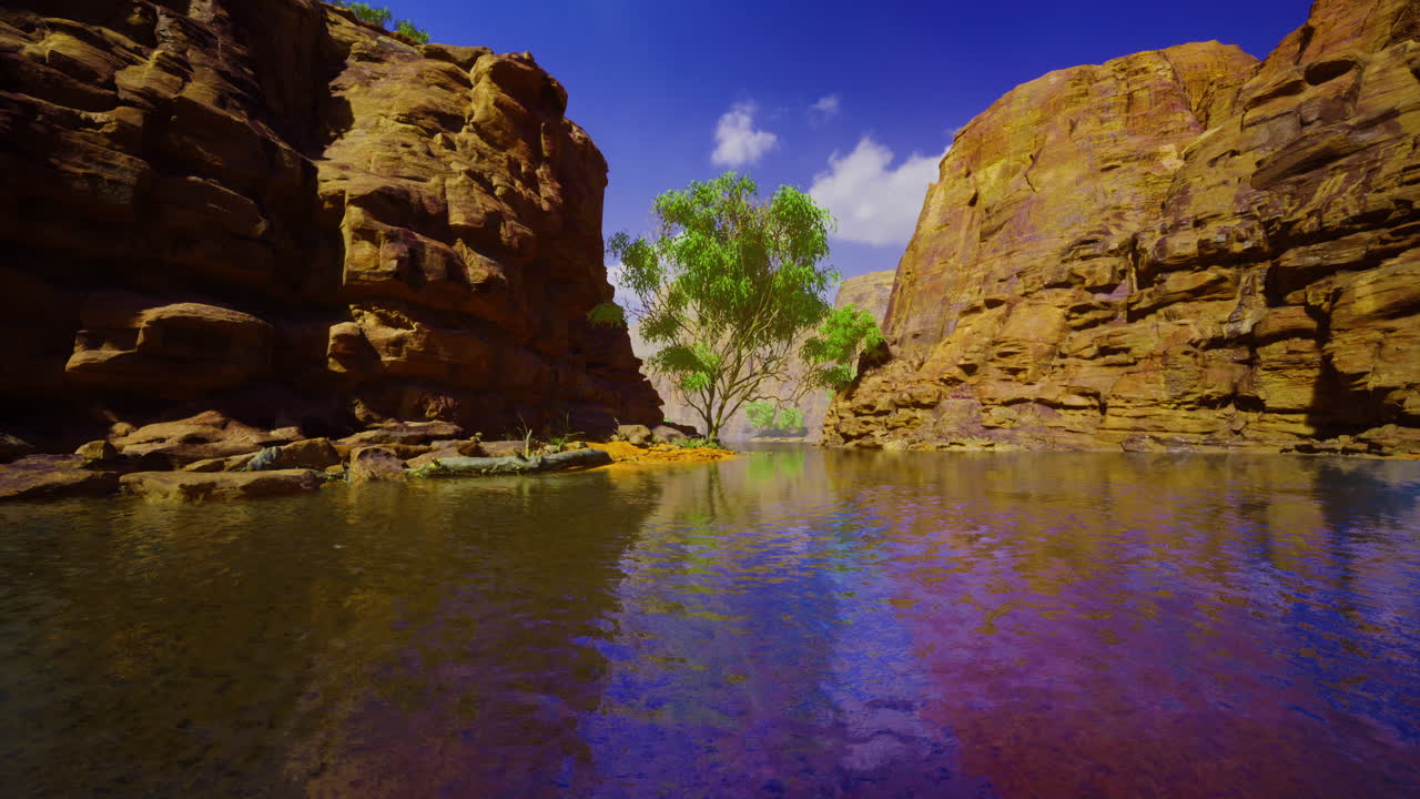 un oasis sereno en medio de cañones rocosos bajo un cielo azul brillante