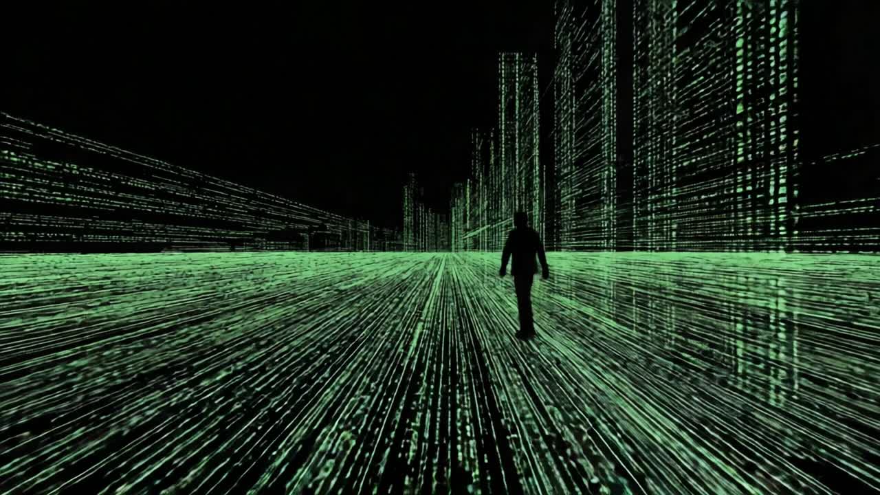 Exploring a Futuristic Digital Landscape Filled with Streams of Green Code, a Lone Figure Walks through the High-Tech Matrix Environment Surrounded by Tall Patterned Structures Under a Dark Sky