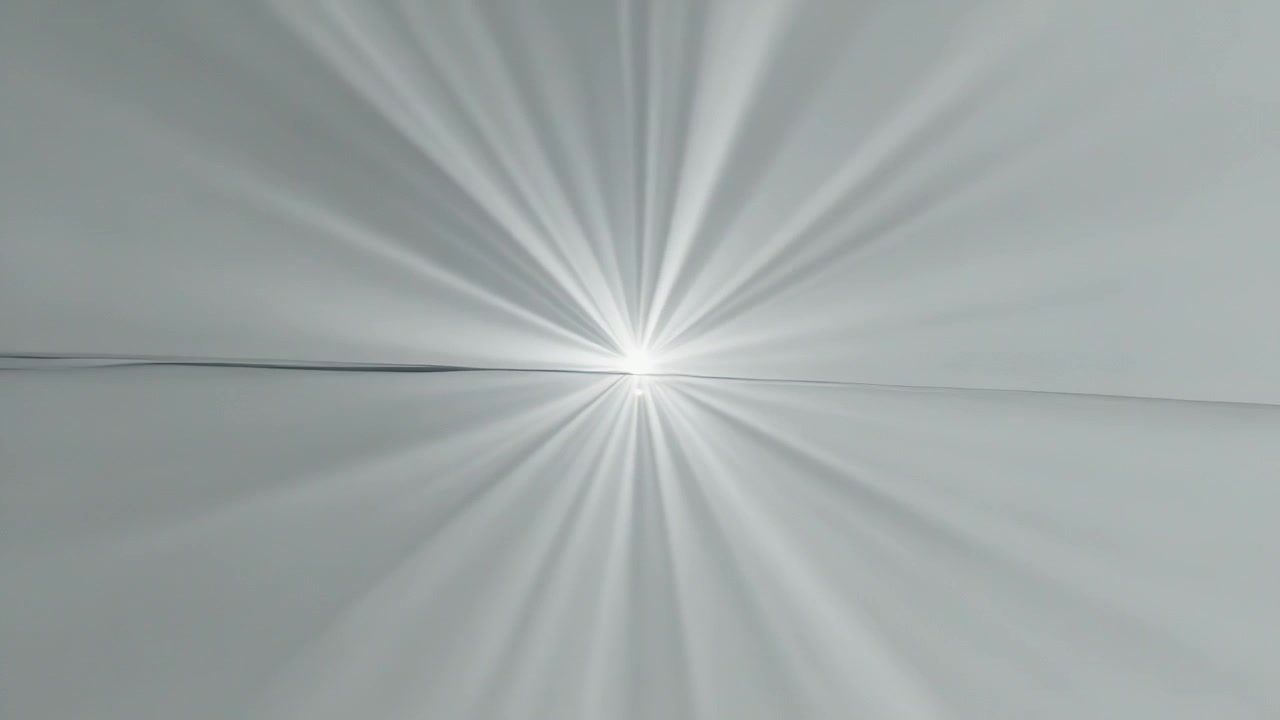 Brightening light fanning beams on play in gray void, as portal, with band, hexagon, left streak