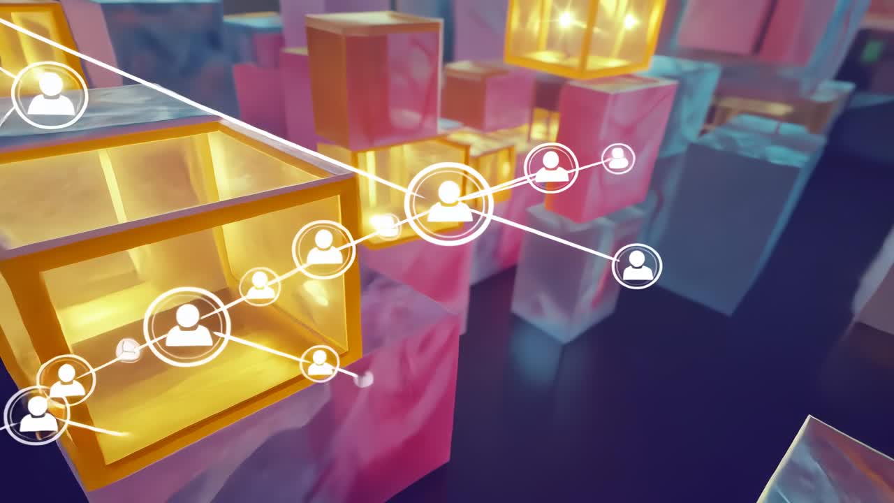 User icon circles emerging on cubes during platform pan, connecting cubes by lines to golden cube