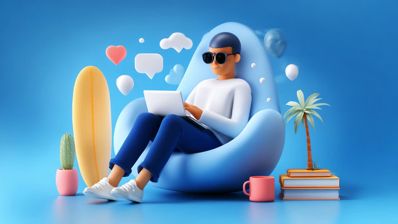 A relaxed individual in sunglasses engages with a laptop while seated comfortably in a vibrant blue bean bag chair, surrounded by playful decor and tropical plants, embodying a modern online lifestyle