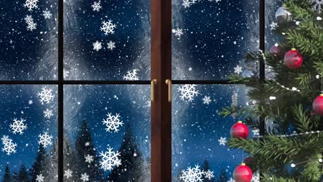 Digitale-Animation-Von-Weihnachtsbaum-Und-Fensterrahmen-Vor-Schnee,-Der-Auf-Die-Winterlandschaft-Fällt