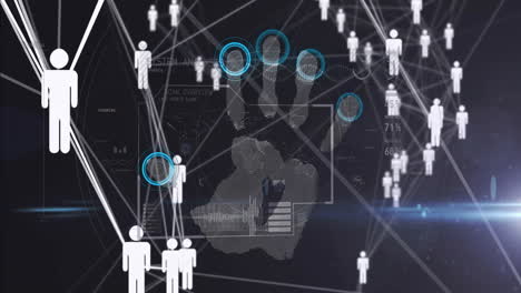 network of connections and biometric data processing animation over digital human figures