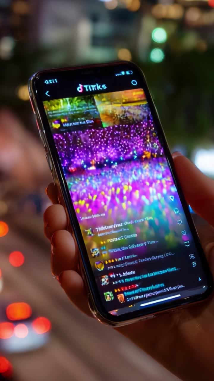 A Close-Up View of a Smartphone Screen Showing a Colorful Live Event, Capturing the Vibrant Lights and Interactions from a Streaming Video, Perfectly Highlighting the Engaging Experience of Digital Connectivity
