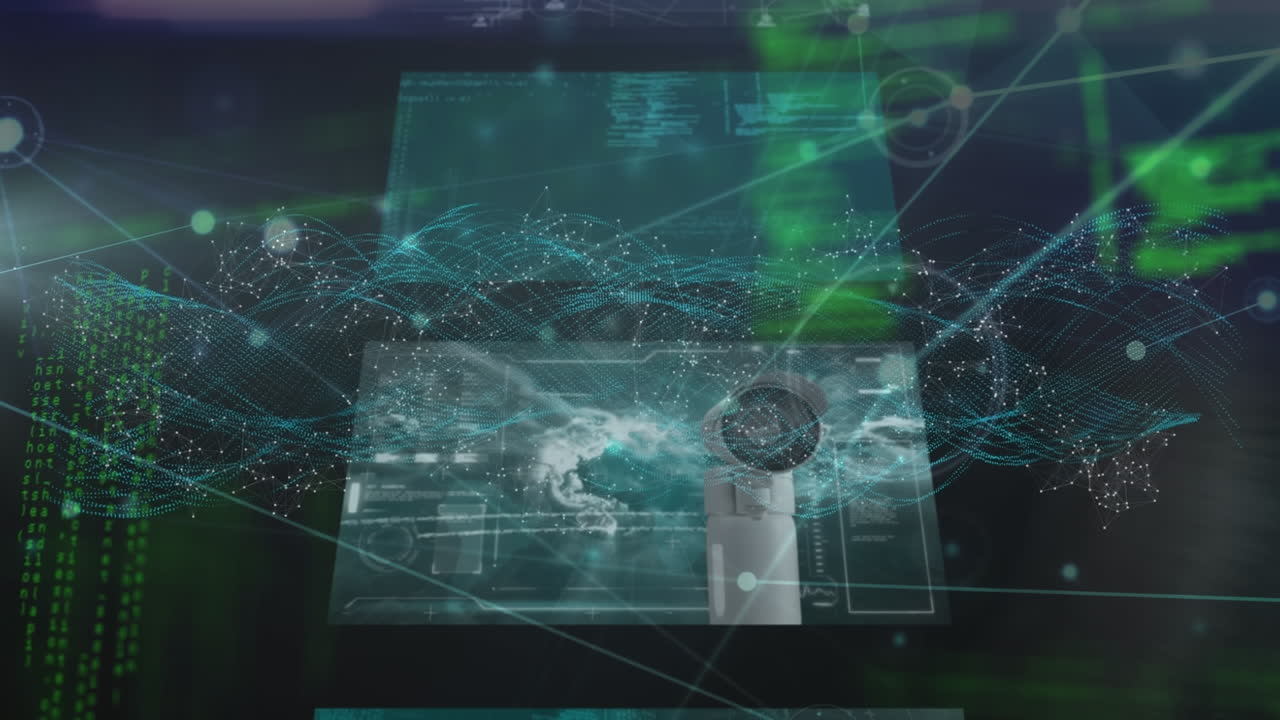 animación digital de la estructura del adn que gira sobre múltiples pantallas con procesamiento de datos