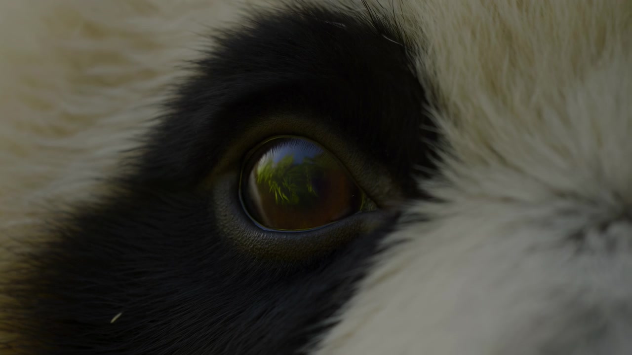Primo piano macro estremo di un occhio animale lucido incorniciato da pelliccia scura e morbida pelliccia color crema, con fogliame verde e cielo blu riflessi che diventano più luminosi e nitidi sulla superficie liscia e sull'iride.