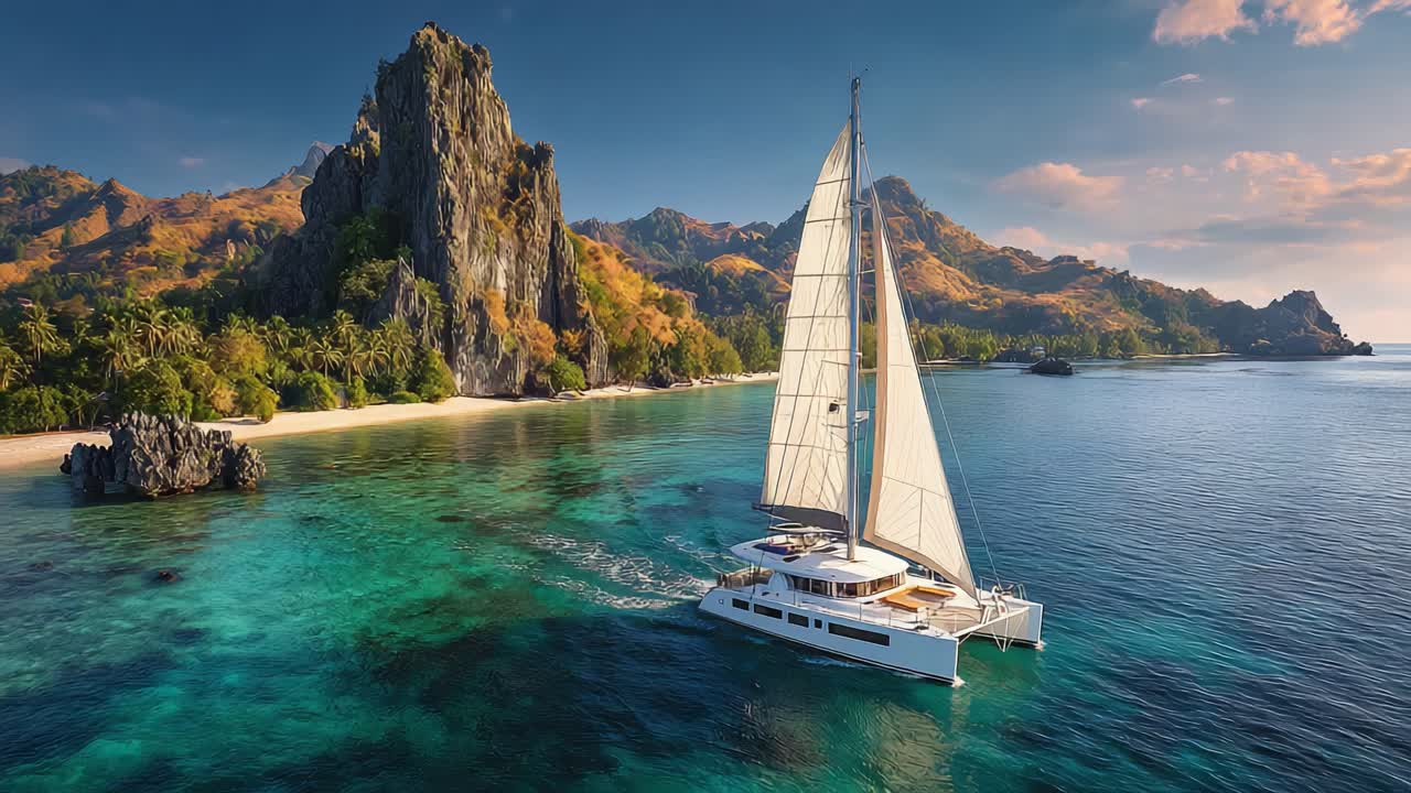 Một chiếc thuyền buồm Catamaran tuyệt đẹp lướt trên làn nước trong như pha lê, xung quanh là cây xanh tươi tốt và bờ biển đá tuyệt đẹp dưới bầu trời vàng rực rỡ