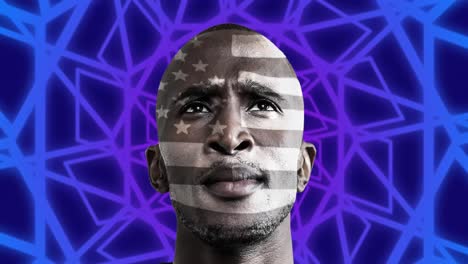 animation of african american man with american flag on face over shapes