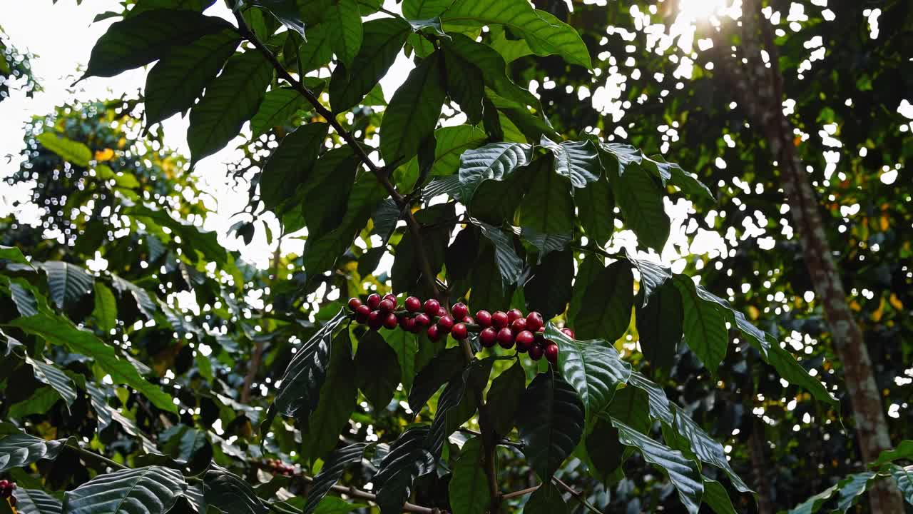 Cerezas de café rojas madurando en una rama bajo la luz del sol