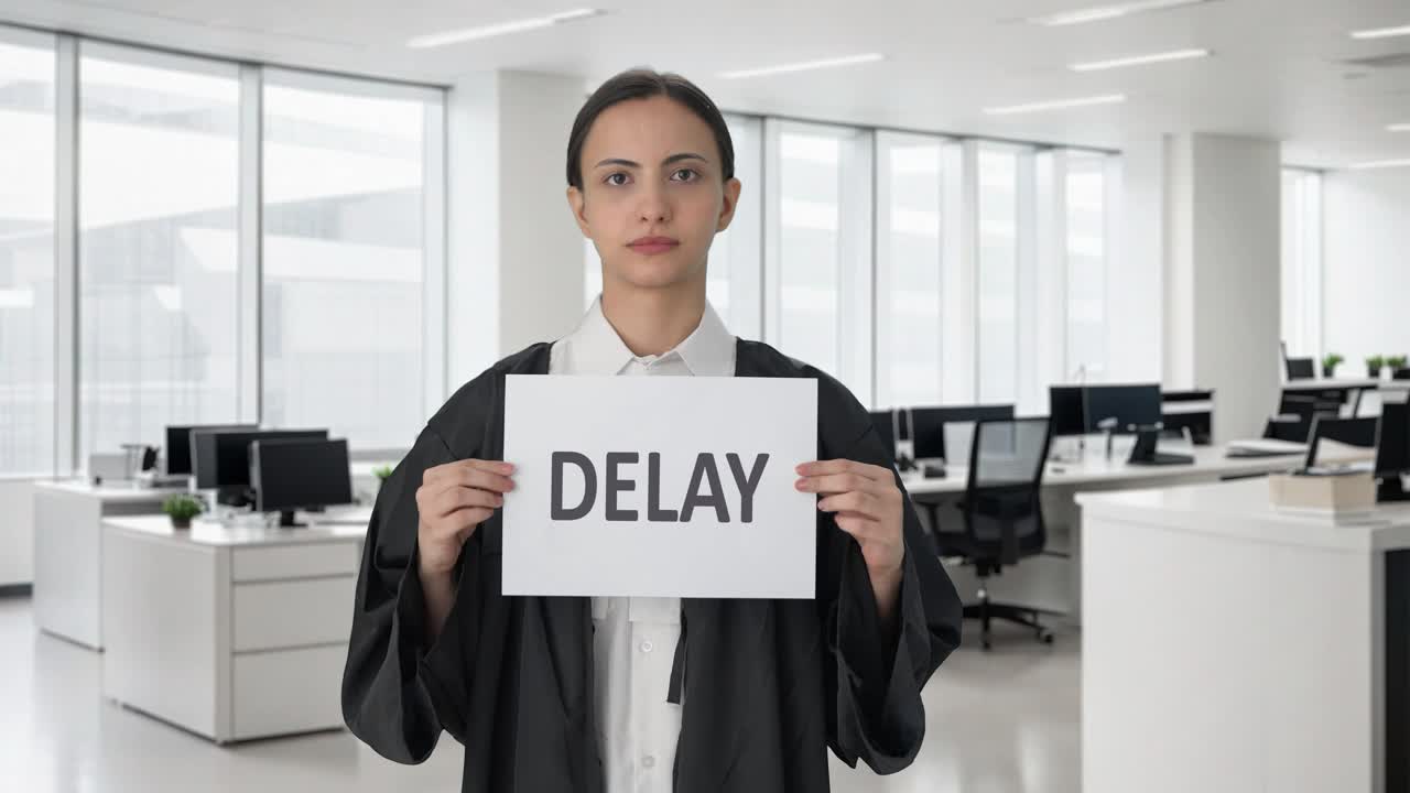 Sad Indian female lawyer holding DELAY banner