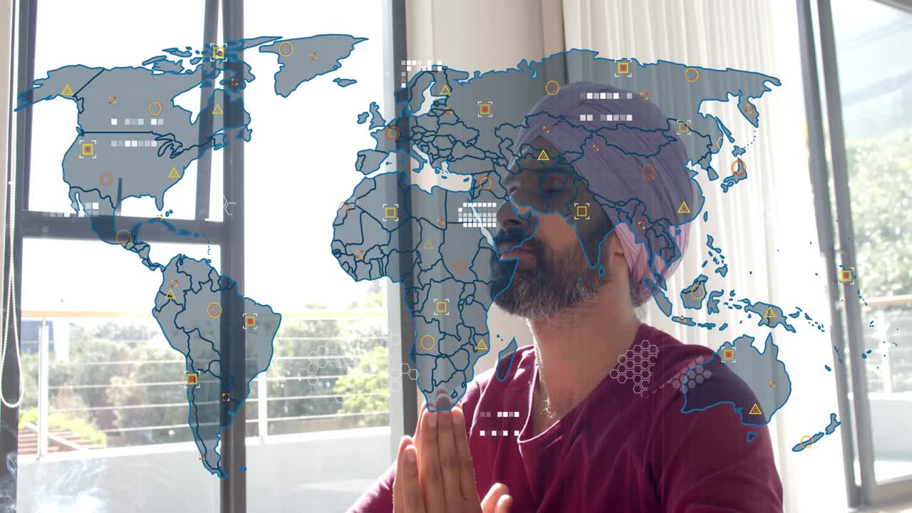 Man raising hands, starting world map overlay and lowering hands as map layering icons for wellness