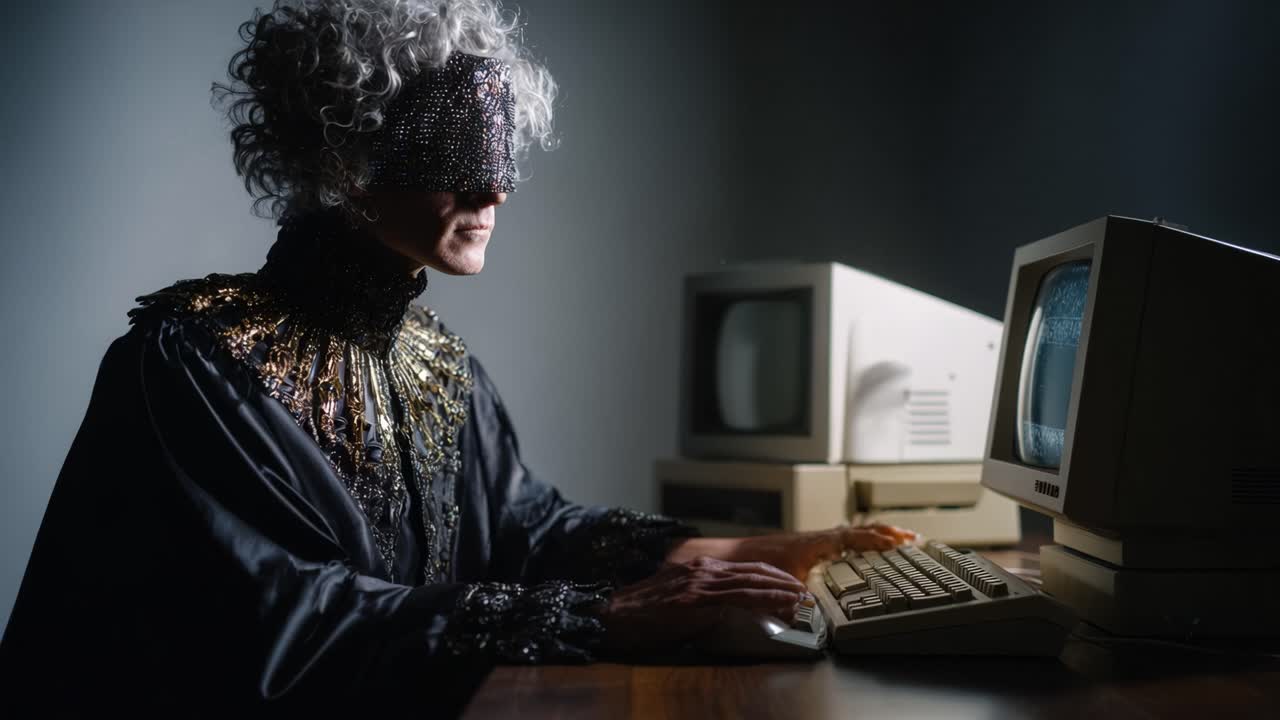 Una figura misteriosa, adornata con abiti elaborati e una maschera, è seduta attentamente davanti a un computer vintage, profondamente assorta nel regno digitale del passato.