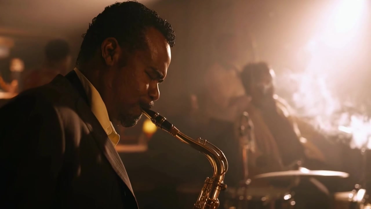 African American Man Playing Saxophone in a Smoky Jazz Club