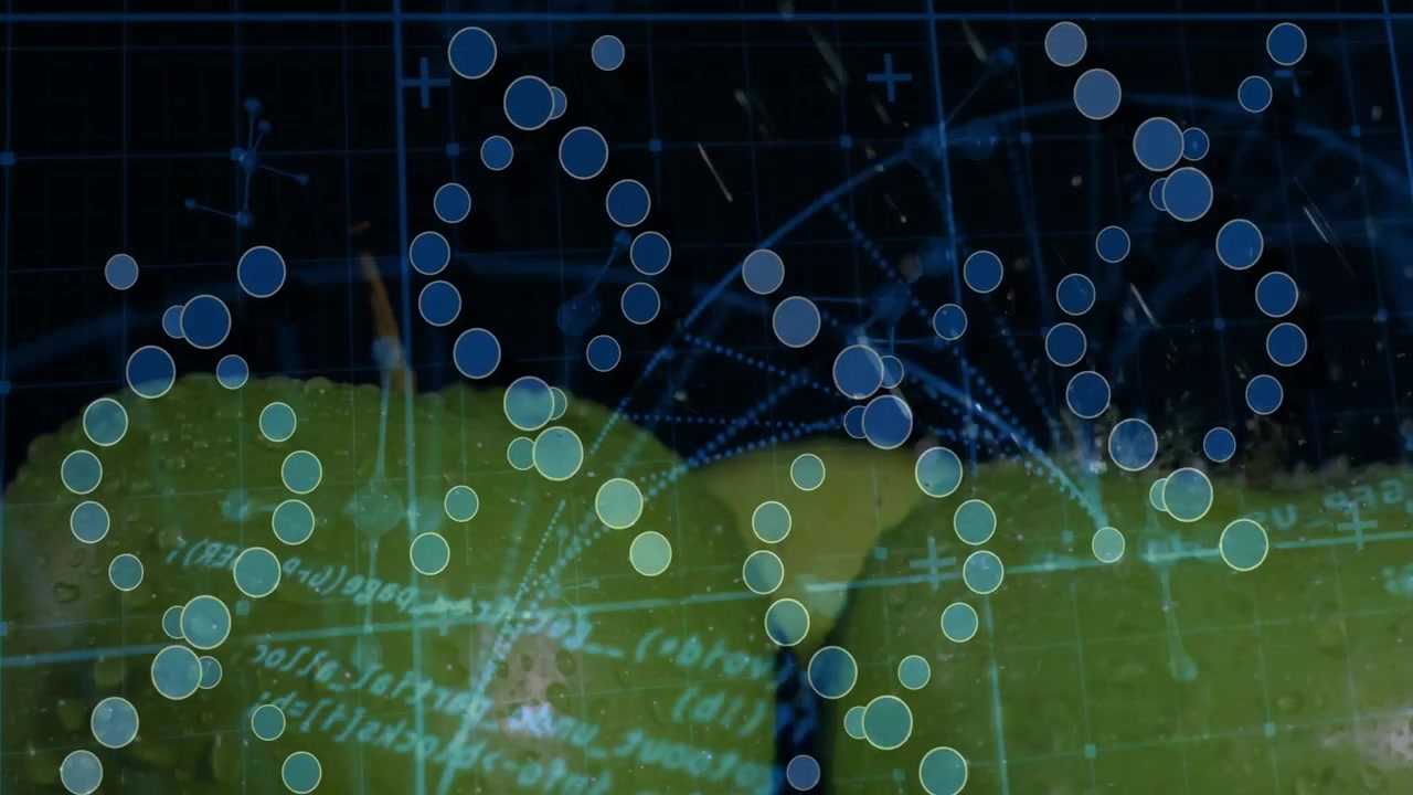 Two green apples receiving blue lines and dot clusters appearing, visualizing schematic map