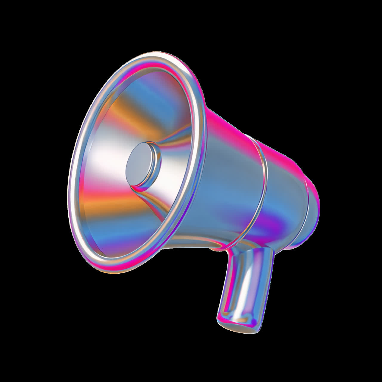 Colorful metallic megaphone art animation isolated asset, transparent 4K video, alpha channel
