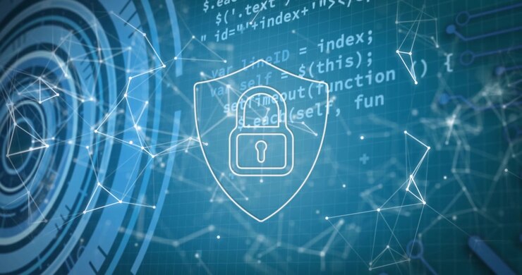 Animation of digital shield with padlock and connections on blue background with diverse data