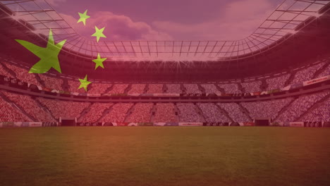 animation of waving china flag against view of a sports stadium