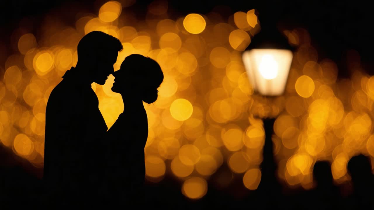 A Romantic Evening Embraced in Silhouettes: A Couple Shares an Intimate Moment Amidst a Dazzling Backdrop of Warm Bokeh Lights and Soft Glow of a Street Lantern