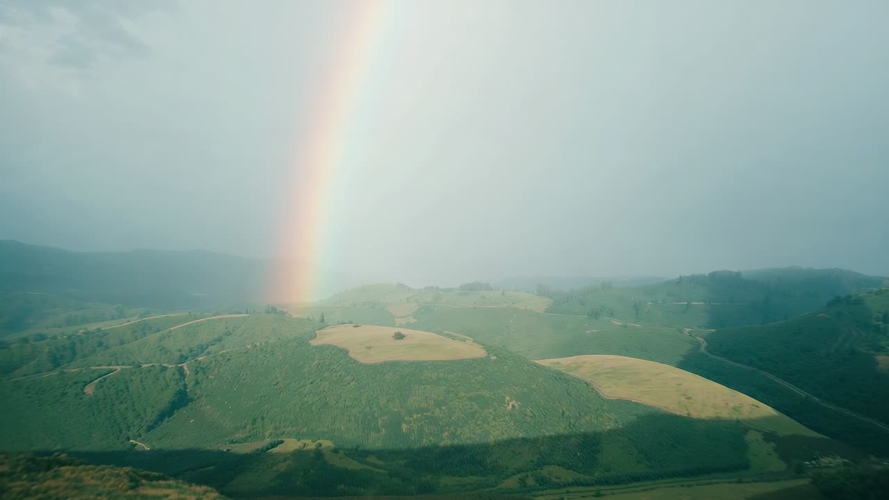 Responding to rainbow drone camera panning over hillsides, revealing winding dirt roads, copy space