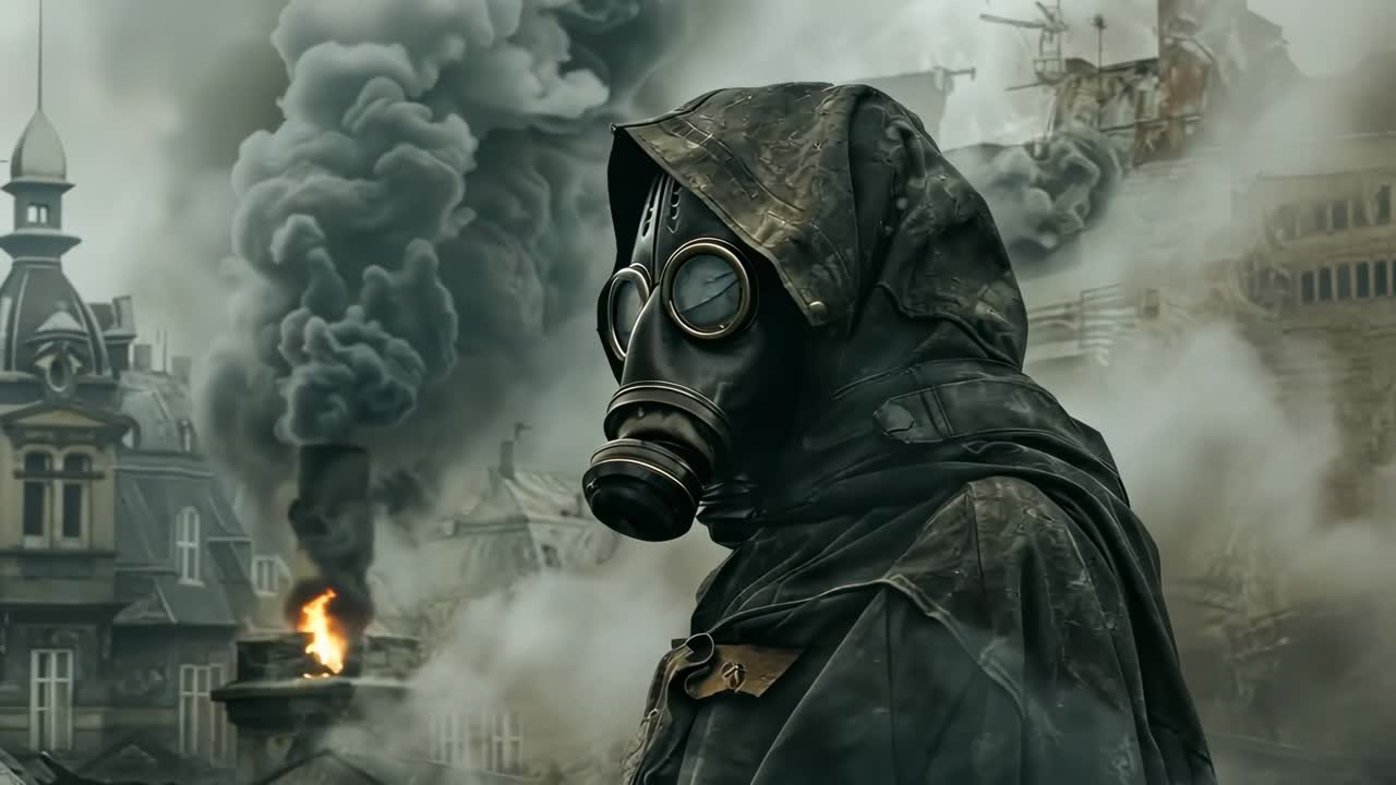 Una scena video distopica con una persona che indossa una maschera antigas, ripresa da un angolo laterale