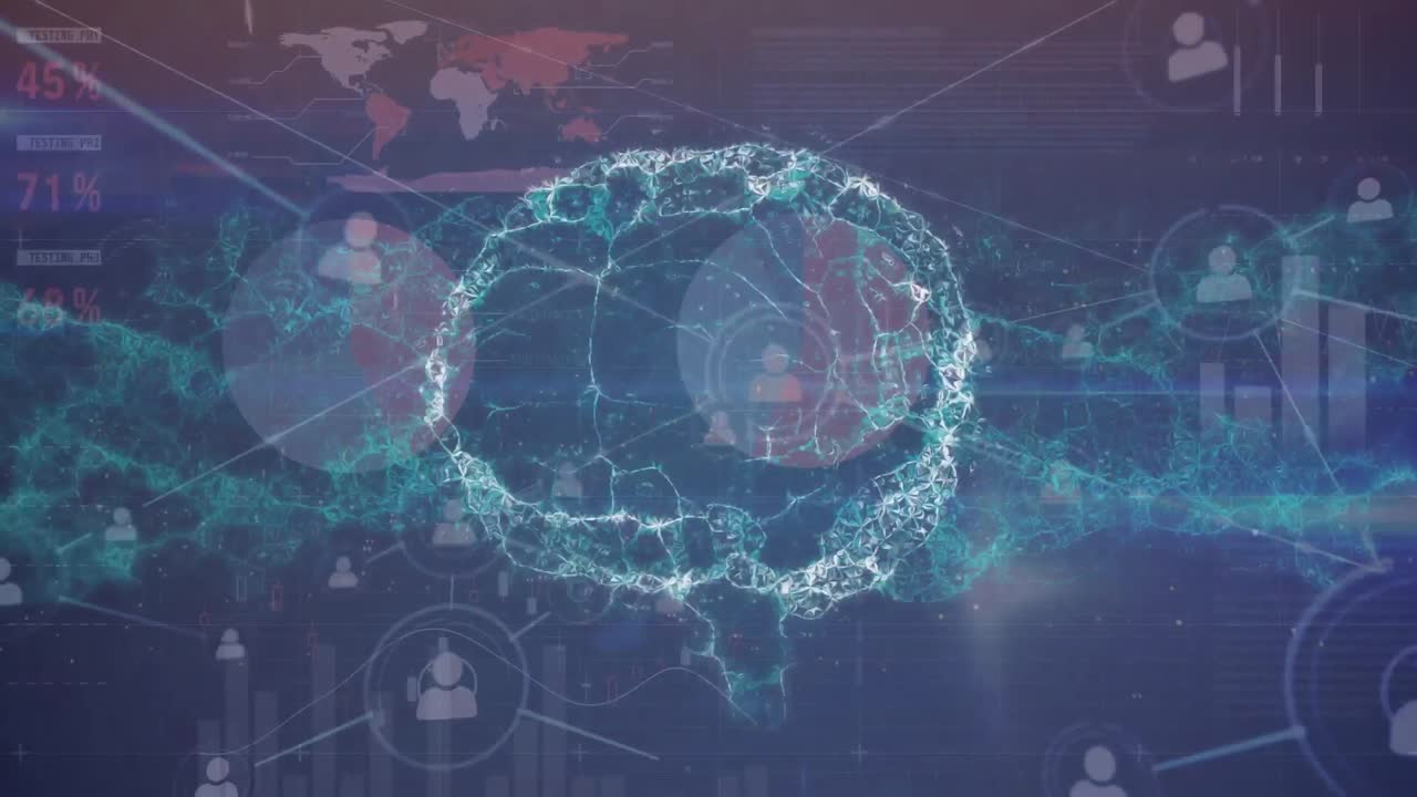 Animation of network of connections over globe and data processing