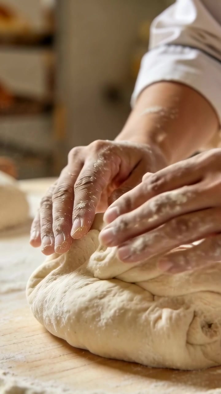 Vertical video: Lifting seam causing rolled-sleeve hands pinching, smoothing dough on bench to bake