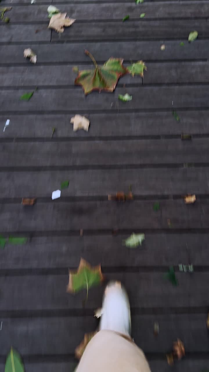Person walking on wooden sidewalk during autumn