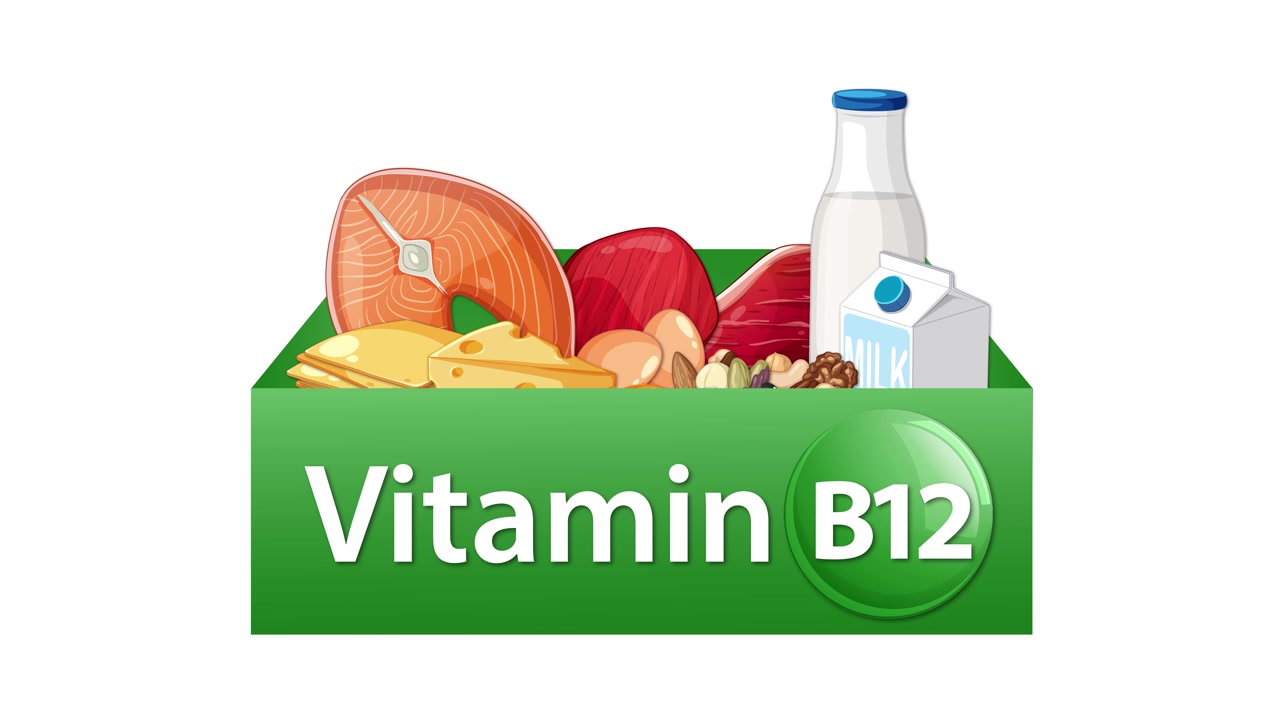 Green box fills with salmon, cheese, milk, nuts, and Vitamin B12 label, on white background