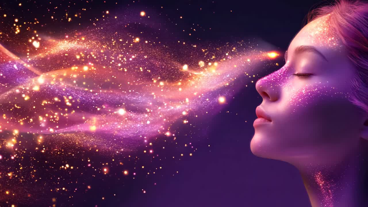 A woman's face is surrounded by a purple and orange cloud of glitter. The glitter is falling around her face, creating a dreamy and ethereal atmosphere. Concept of wonder and magic