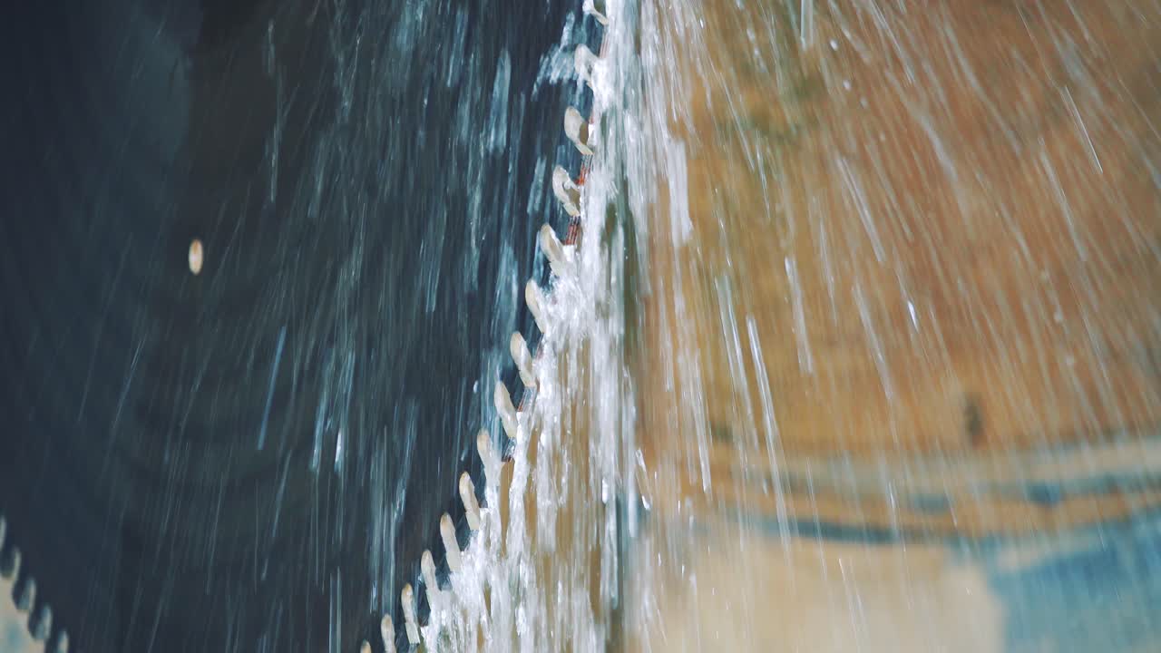 Drops of water flowing down a circular saw. Plant for the production of stone products