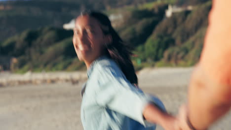 beach, holding hands and couple excited