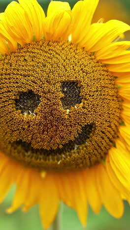 racemes taken away from a sunflower to create a funny face. distancing from a flower in the field. blurred backdrop. vertical video