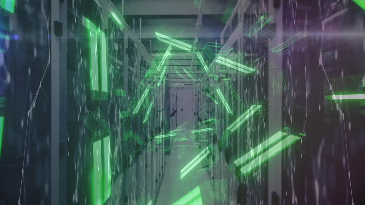 Abstract neon shapes moving against network of connection on computer servers
