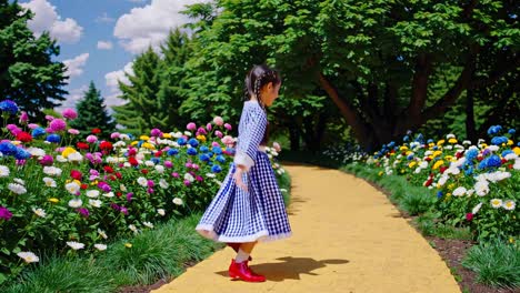 a child in a blue checkered dress twirls on a yellow brick path, surrounded by colorful flowers
