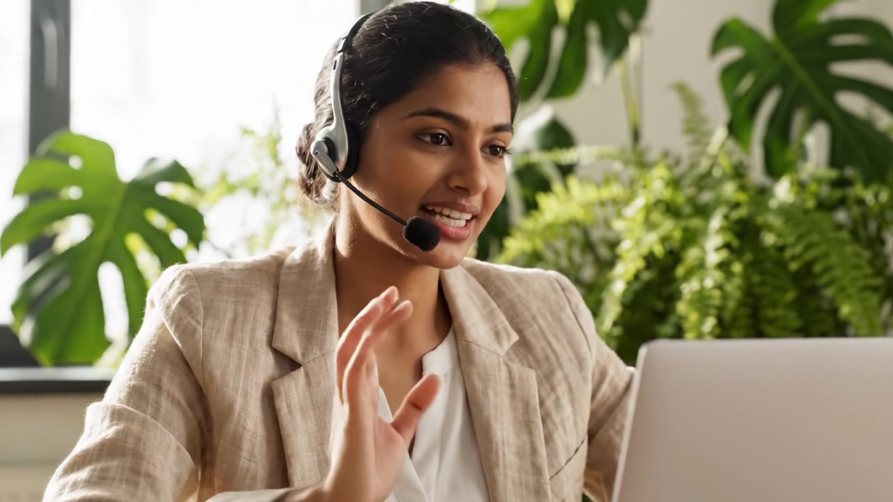 Professionista online impegnato in una riunione virtuale, concentrato su comunicazione e collaborazione, circondato da una vegetazione lussureggiante che crea un'atmosfera produttiva.