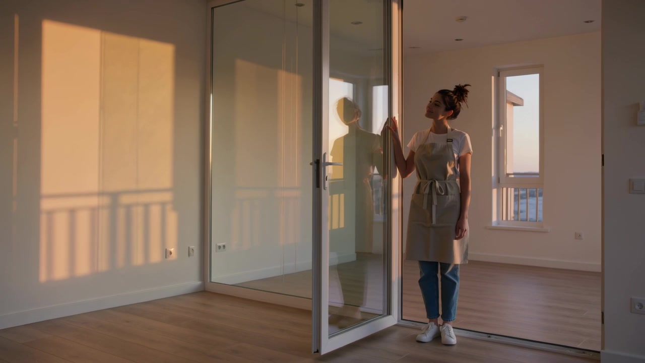 Abrindo porta de vidro deslizante, mulher de avental segurando o batente e inspecionando apartamento vazio, com espaço para texto.