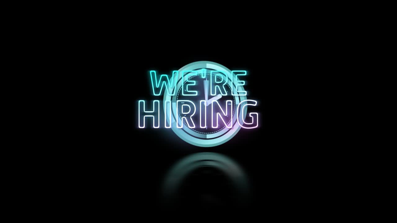 Animation of we're hiring neon text, clock over black background
