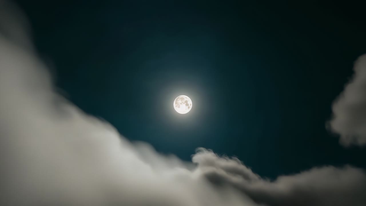 Drifting clouds uncovering full moon in night sky, with dark blue-black sky expanding