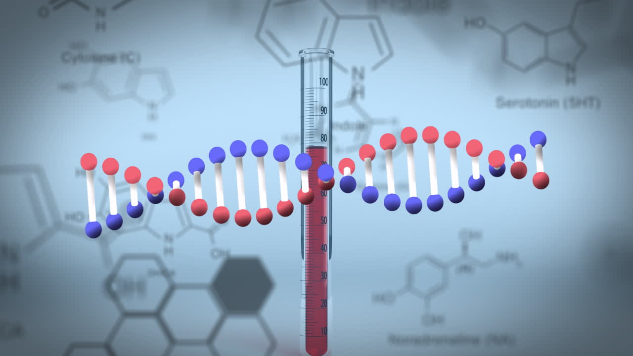 DNA strand and test tube over chemical formulas in scientific animation