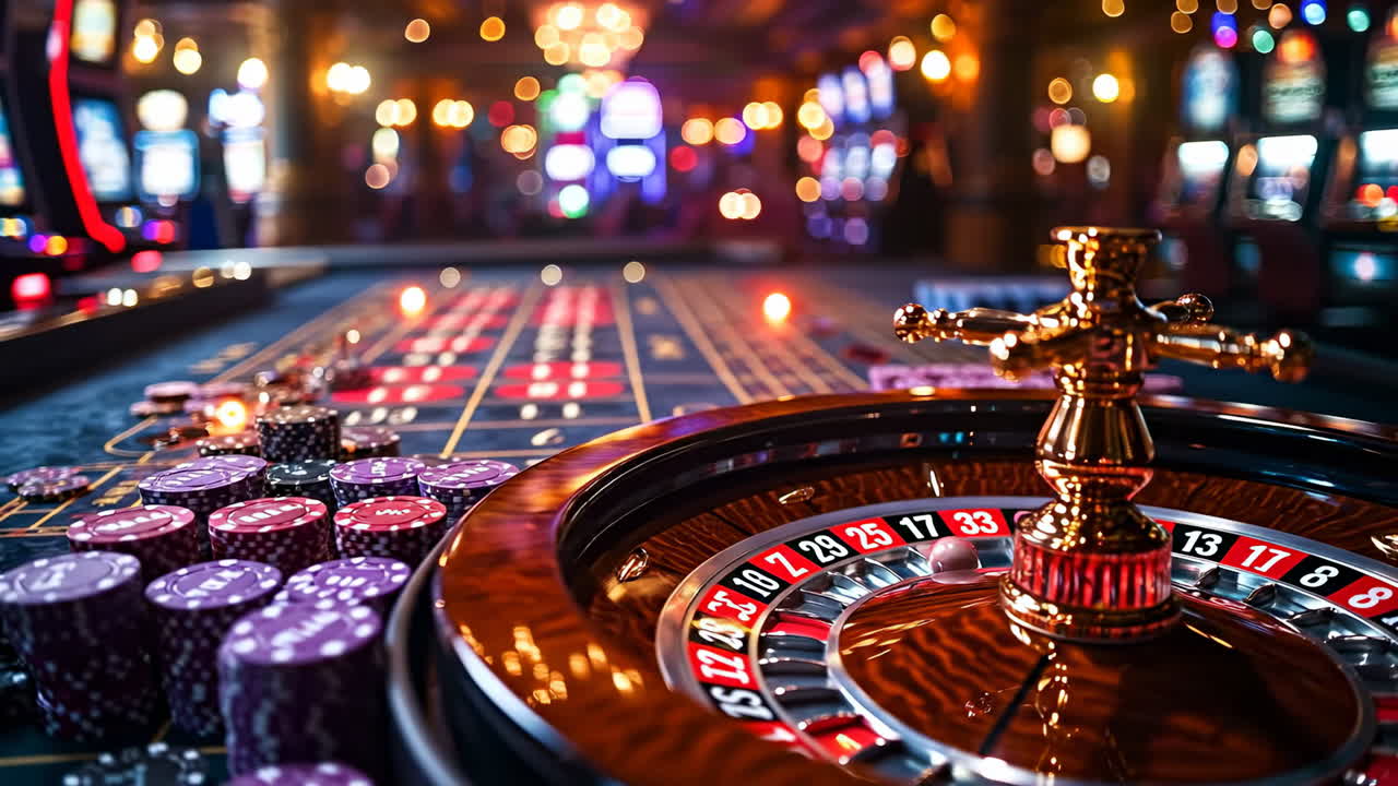 Roulette and chips bring excitement. Brightly colored chips and a roulette wheel invite players in a lively casino setting at night