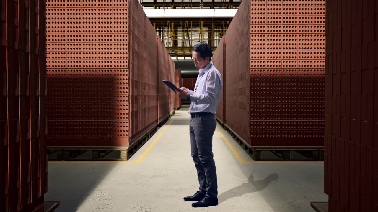 Warehouse Worker Inspecting Brick Inventory