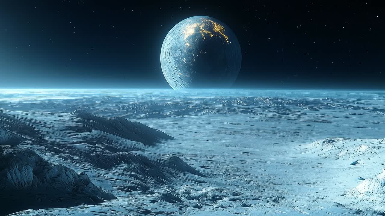 Far planet above barren moon. A barren lunar surface lies beneath a glowing planet, creating a surreal atmosphere in the vastness of space.