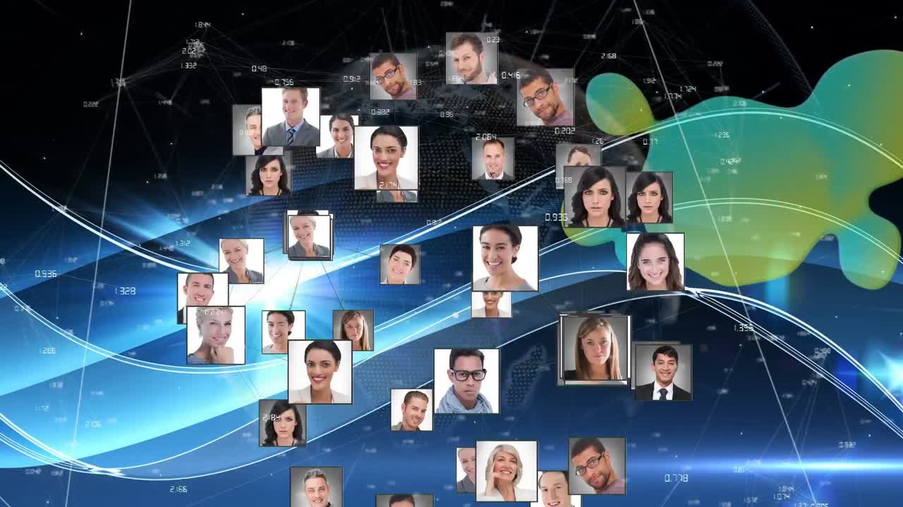 red de iconos de perfil contra rastros de luz y globo giratorio sobre fondo azul