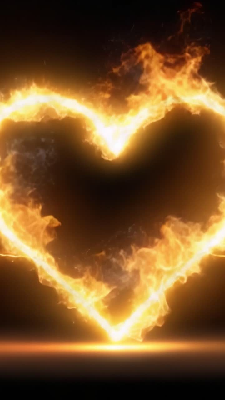 Un'accattivante mostra di passione ardente: una fiammata a forma di cuore illumina l'oscurità con fiamme intense, simboleggiando amore, desiderio ed emozione energica.