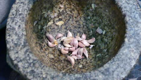 add garlic and red chili pepper into stone mortar, close up, slow-motion, handheld