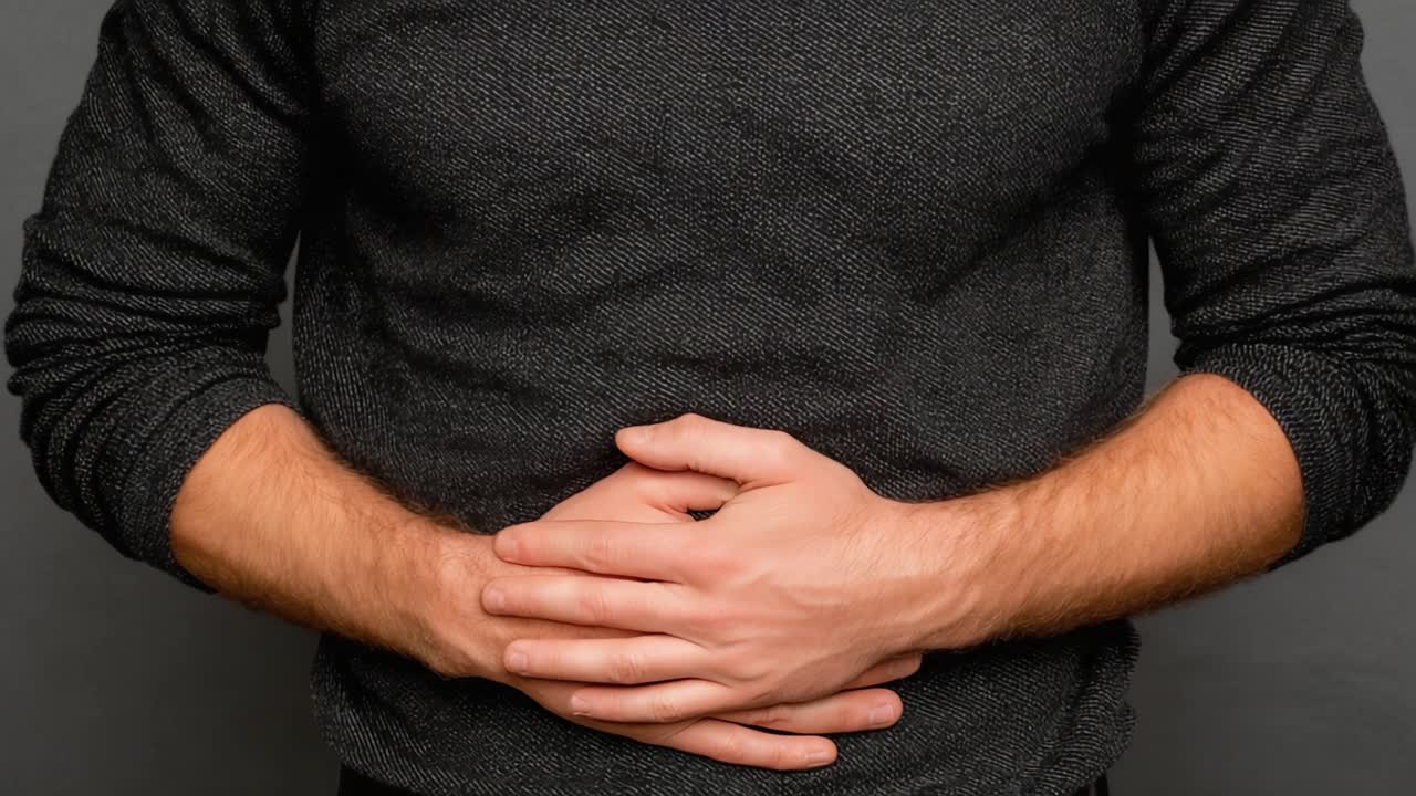 Un primo piano di una persona con le mani giunte sullo stomaco, che mostra un'espressione neutra, indicando un momento di contemplazione o preoccupazione.