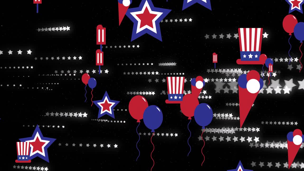 검은색 배경에 미국 국기와 함께 색칠 된 별과 아이콘의 애니메이션