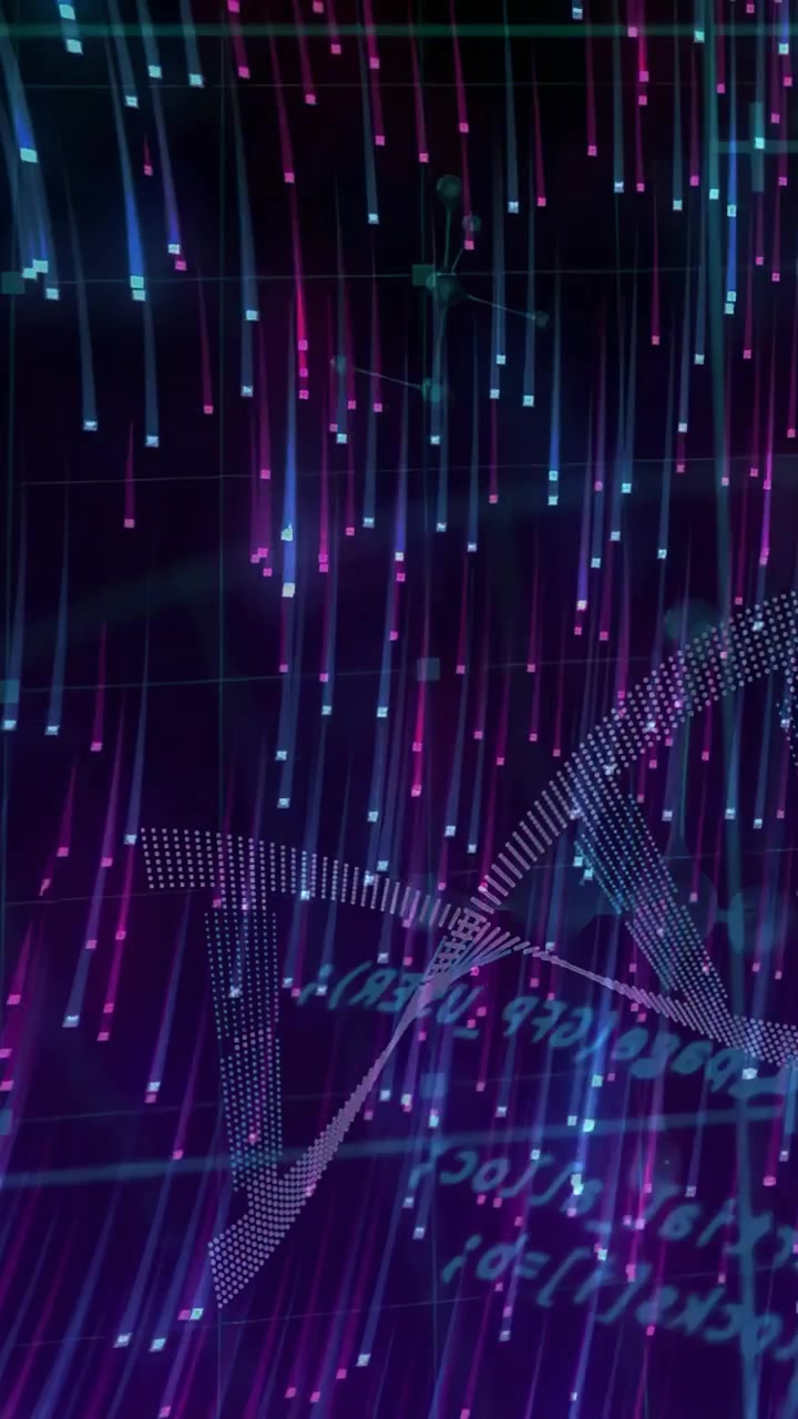 Vertical video: Falling neon streaks sparking dotted helix rotating and shifting, displaying data